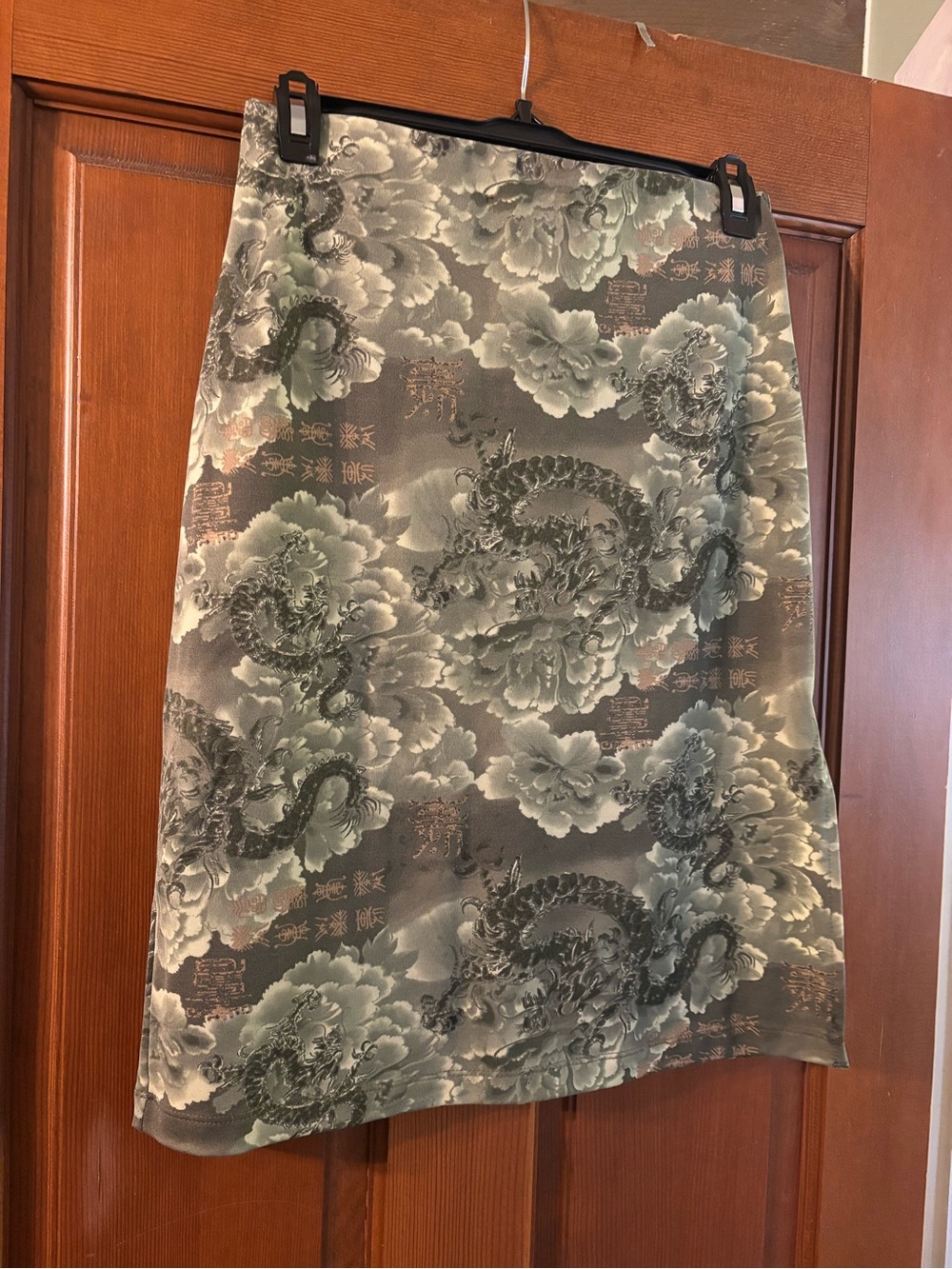 Moa Moa Sage Green Midi Skirt with Dragon Floral Print